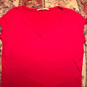 Red V-Neck Cap Sleeve Fitted Top